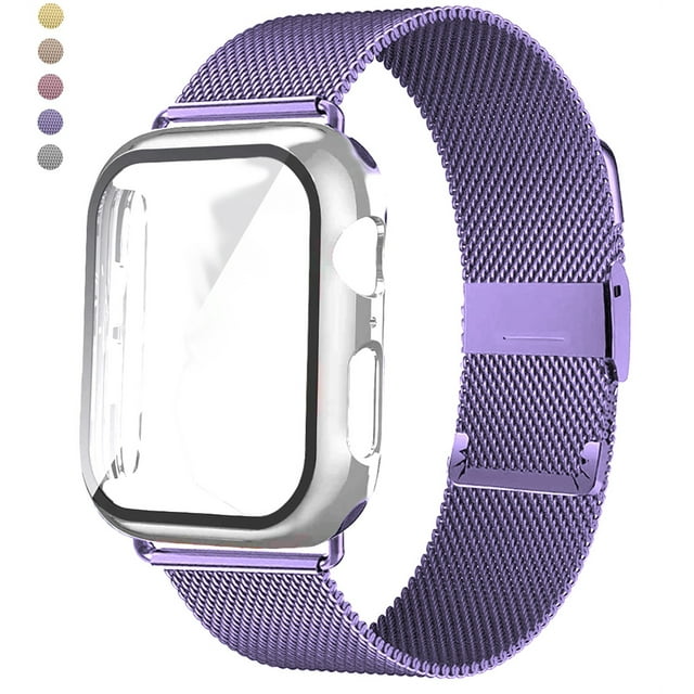 ALMNVO Band for Apple Watch Bands with Case 40mm, Stainless Steel Mesh Milanese Loop with Glass Screen Protector Case for Apple Watch Series 6 SE 5 4 -Purple