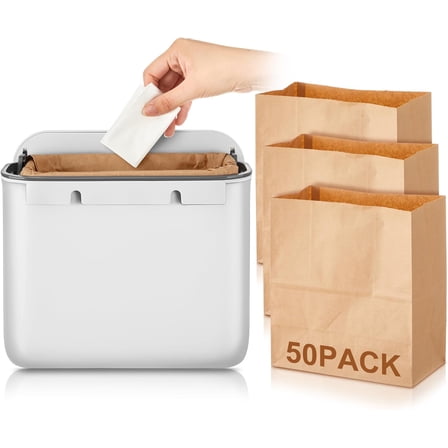 1 Pack Sanitary Napkin Disposal Receptacle with 50 Pcs Waxed Feminine Hygiene Bags Tampon and Pad Holder for Bathroom with Lid Kraft Paper Liner Bag Wall Hanging Trash Can Kitchen Compost Bin