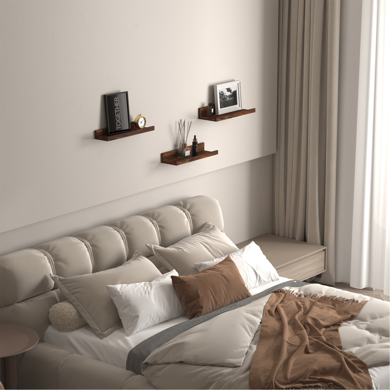 Floating Wall Mounted Shelves Set of 5, Rustic Small Picture Ledge for Bathroom, Bedroom, Kitchen, Living Room Storage and Decoration, Brown