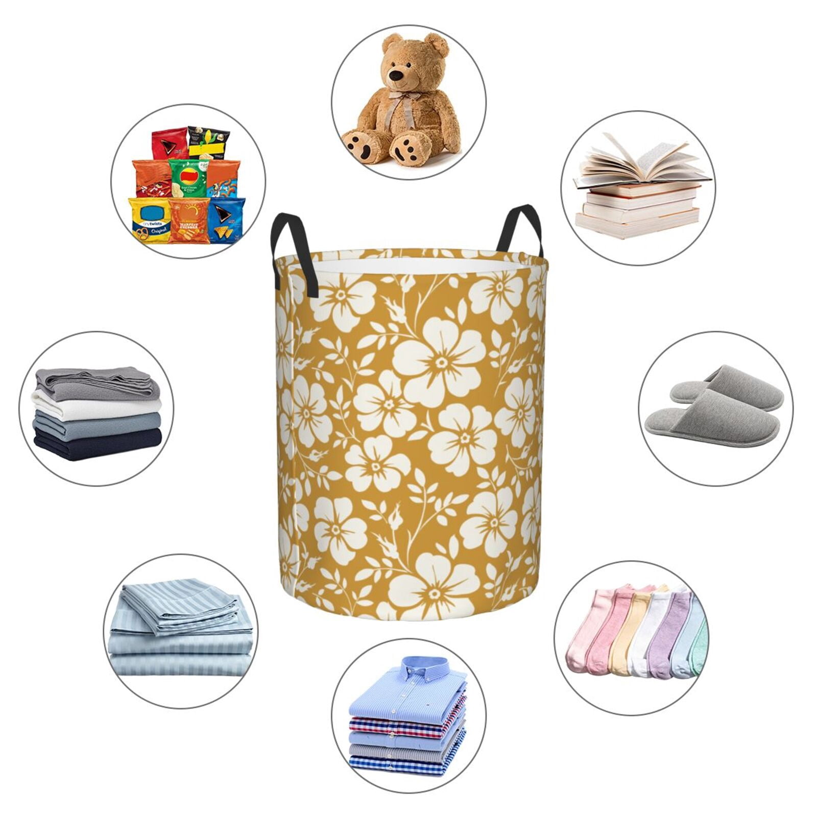 Large Laundry Basket with Handles - White Leaves Rose Flowers Kids Baby Dirty Clothes Laundry Hamper for Bedroom Aesthetic