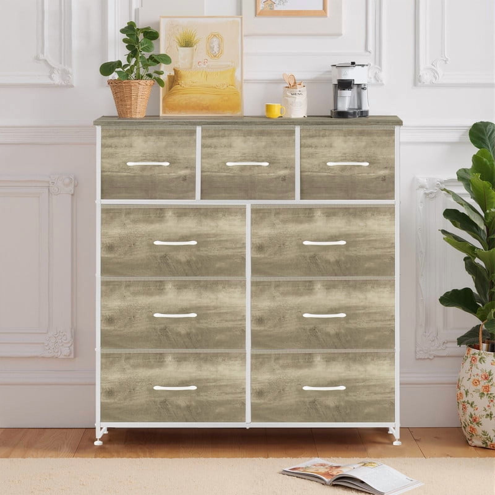 Bigleap 9 Drawers Dresser for Bedroom, Fabric Dresser with Sturdy Steel Frame, Wooden Top & Easy Pull Fabric Bins,Oak