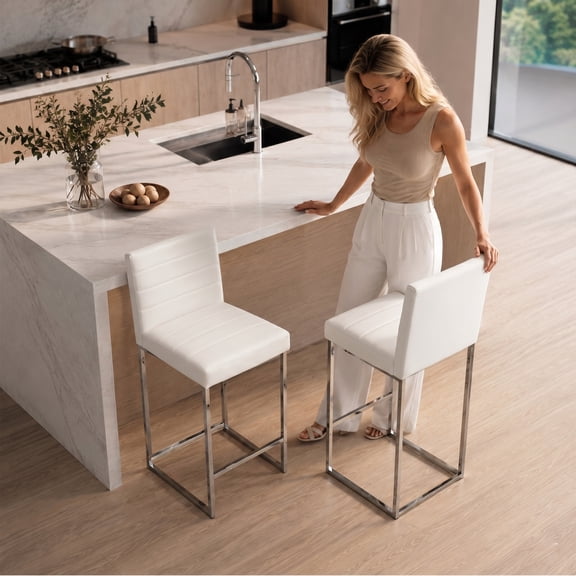 StnTalk Set of 2 Counter Height Bar Stools, 25.6" Faux Leather Upholstered Kitchen Island Chairs with Backs, Metal Frame Bar Chairs for Dining Room Home Bar，White