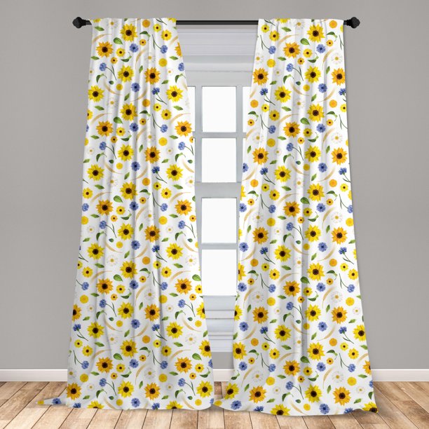 Yellow and White Curtains 2 Panels Set, Botanical Arrangement of Summer
