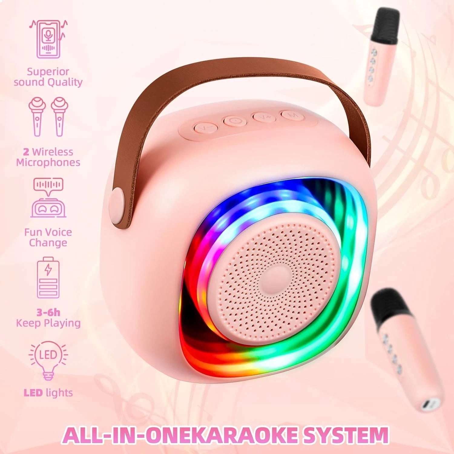 Kids Karaoke Machine with 2 Microphones, Mini Bluetooth Speaker, LED Lights Gift