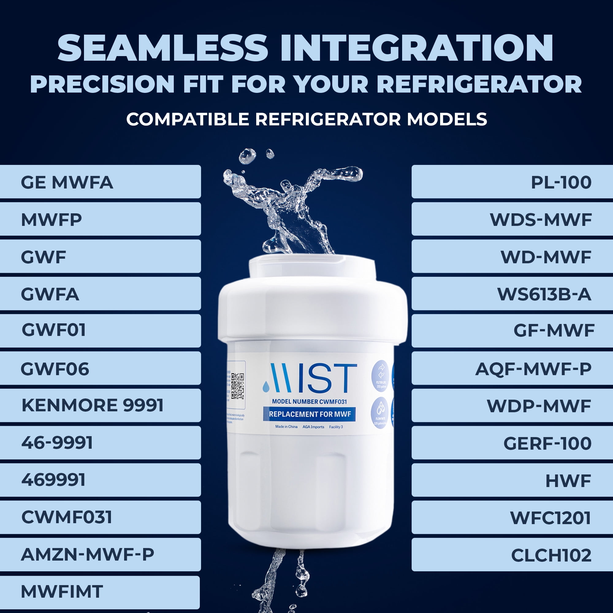 Mist MWF Refrigerator Water Filter Replacement Cartridge for GE, Compatible with MWFP, MWFA, GWF, HWF, Smart Water, WFC1201, Kenmore 9991, 469991, WFC1201, GSE25GSHECSS, 2-pack