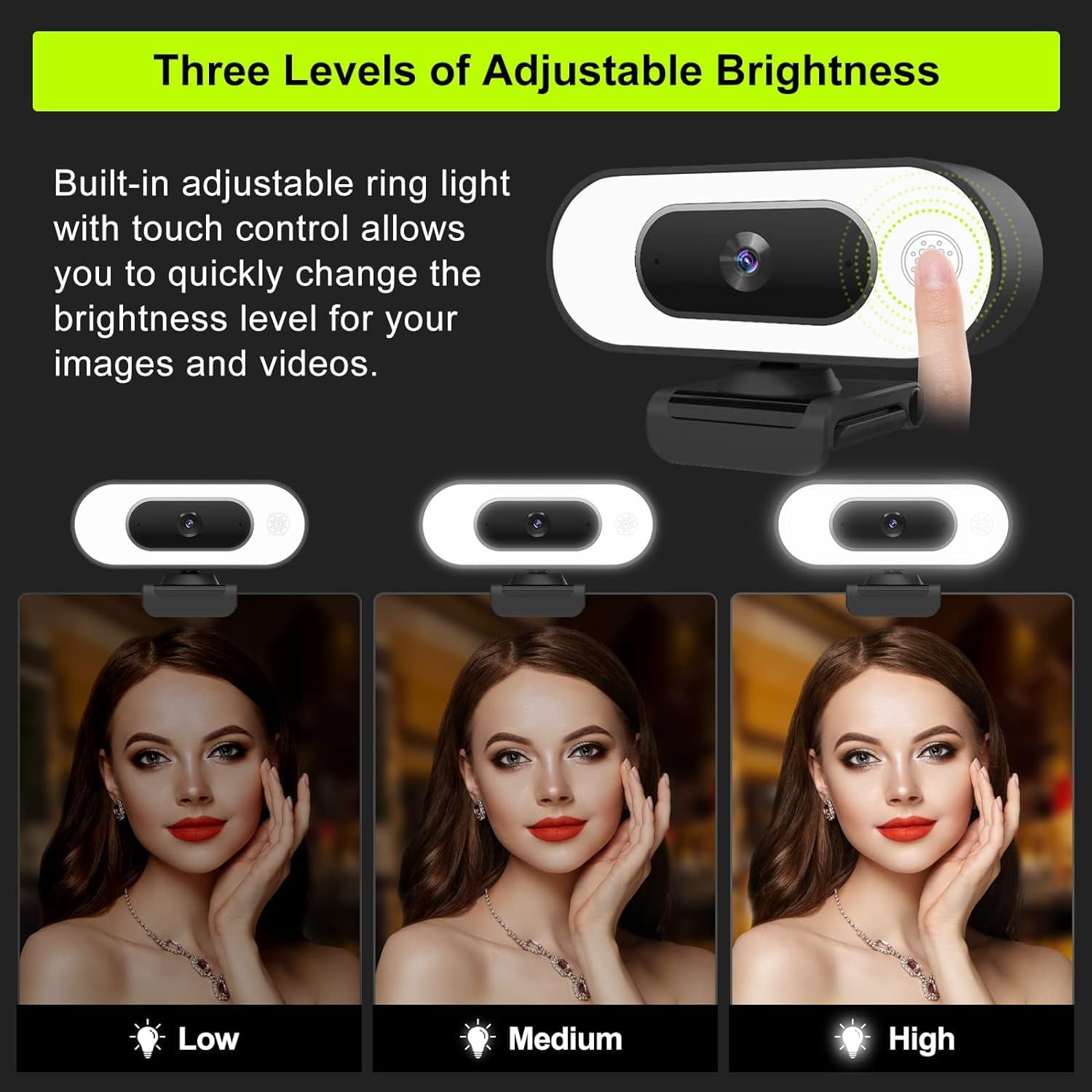 ZIQIAN 1080p HD Webcam with Auto Focus & Ring Light, Privacy Cover, Tripod Included, Plug and Play