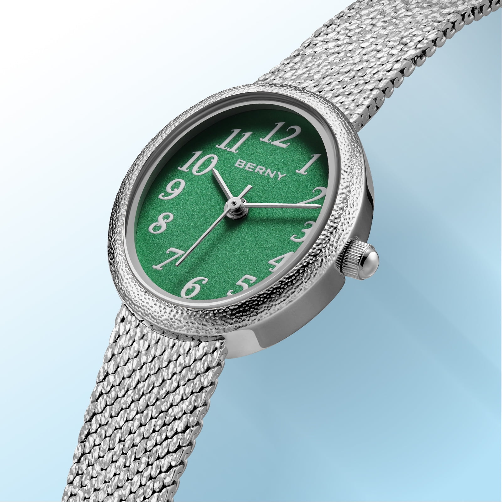 BERNY Small Silver Watches for Women, Dainty Easy to Read Oval Dial, Vintage Stainless Steel Bracelet Watch, Adjustable Mesh Band, Waterproof, Luxury Ladies Analog Quartz Wrist Watch Gifts (Green)