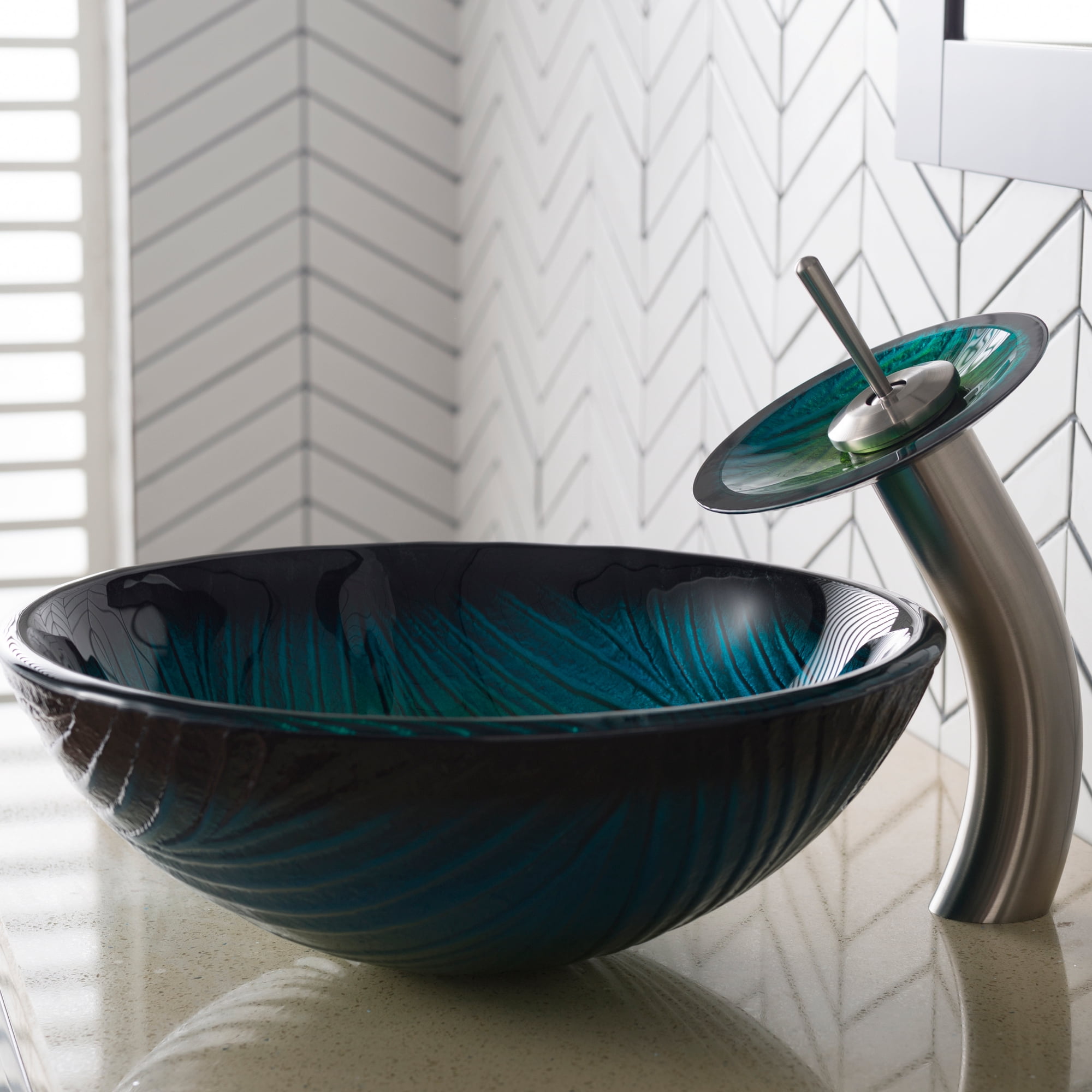KRAUS Nature Series Green Glass Bathroom Vessel Sink and Waterfall Faucet Combo Set with Matching Disk and Pop-Up Drain, Satin Nickel Finish