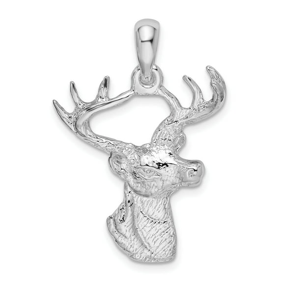 Million Charms 925 Sterling Animal Charm, Polished 6-point Buck Deer Head Profile Pendant