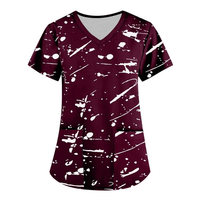 LSLJS Mode Femme Manches Courtes Col en V Hauts Uniforme de Travail Imprimé Poche Blouse Hauts, Blouses pour Femmes Grande Taille
