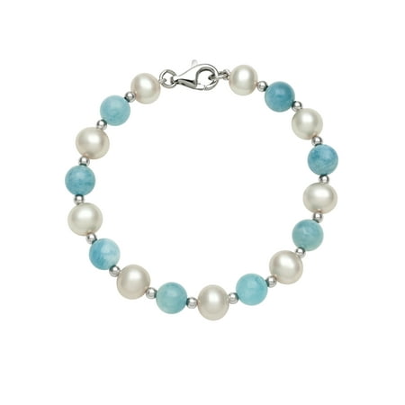 - Genuine Cultured Freshwater Pearl and Natural Milky Aquamarine Sterling Silver Strand Bracelet, 7.5
