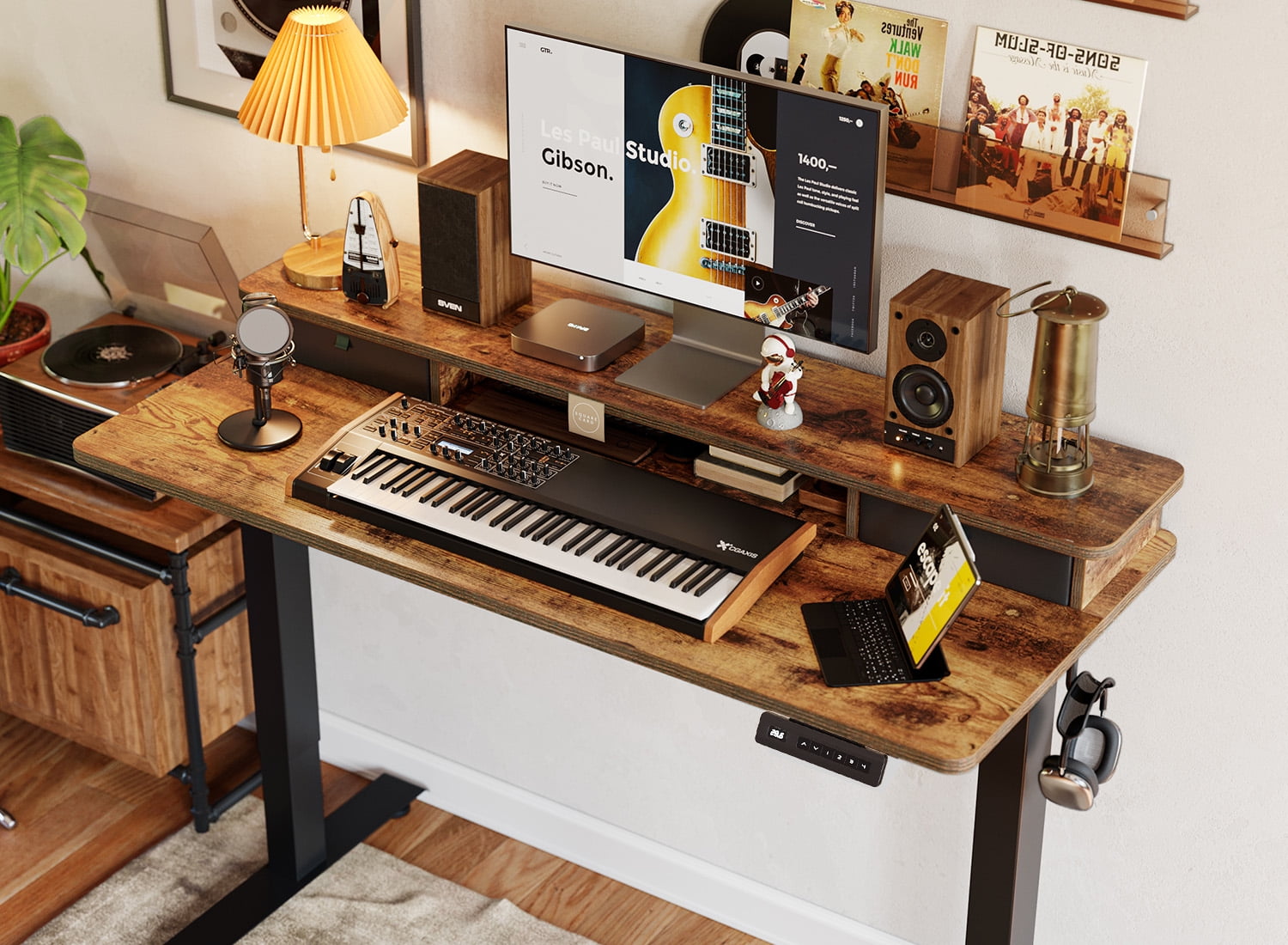 DESINO 40" x 24" Height Adjustable Electric Standing Desk with Double Drawers, Stand Up Desk with Storage Shelf, Home Office Desk Workstation with Splice Board, Rustic Brown