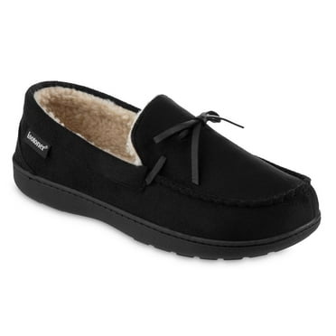 Isotoner Men's BLACK Microsuede Moccasin Tie Memory Foam Slipper M 8-9