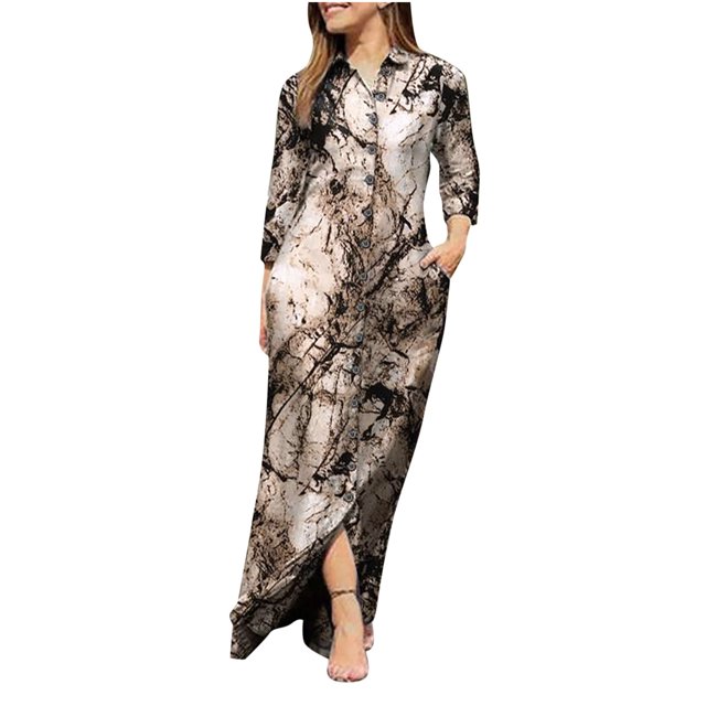 Womens Long Sleeve Button Down Shirts Long Dress V Neck Collared Print Maxi Dress Casual Loose Basic Pockets Dress