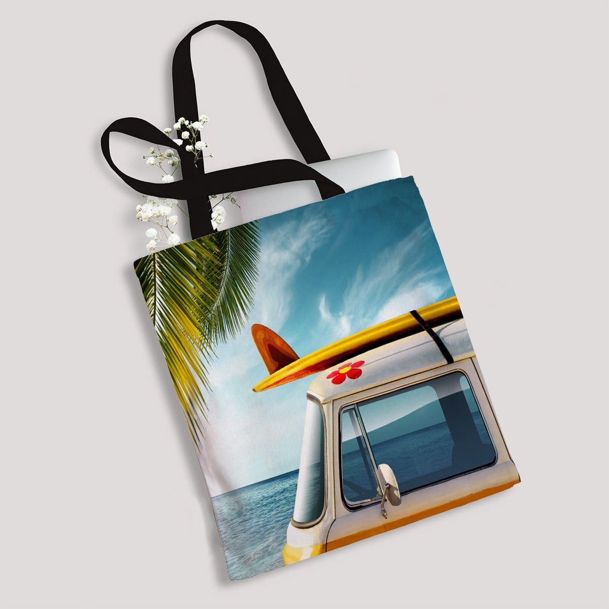 ABPHQTO Detail Vintage Van Beach Surfboard Roof Canvas Bag Reusable Tote Grocery Shopping Bags