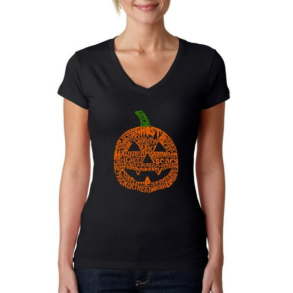 LA Pop Art Women's Word Art V-Neck T-Shirt - Pumpkin