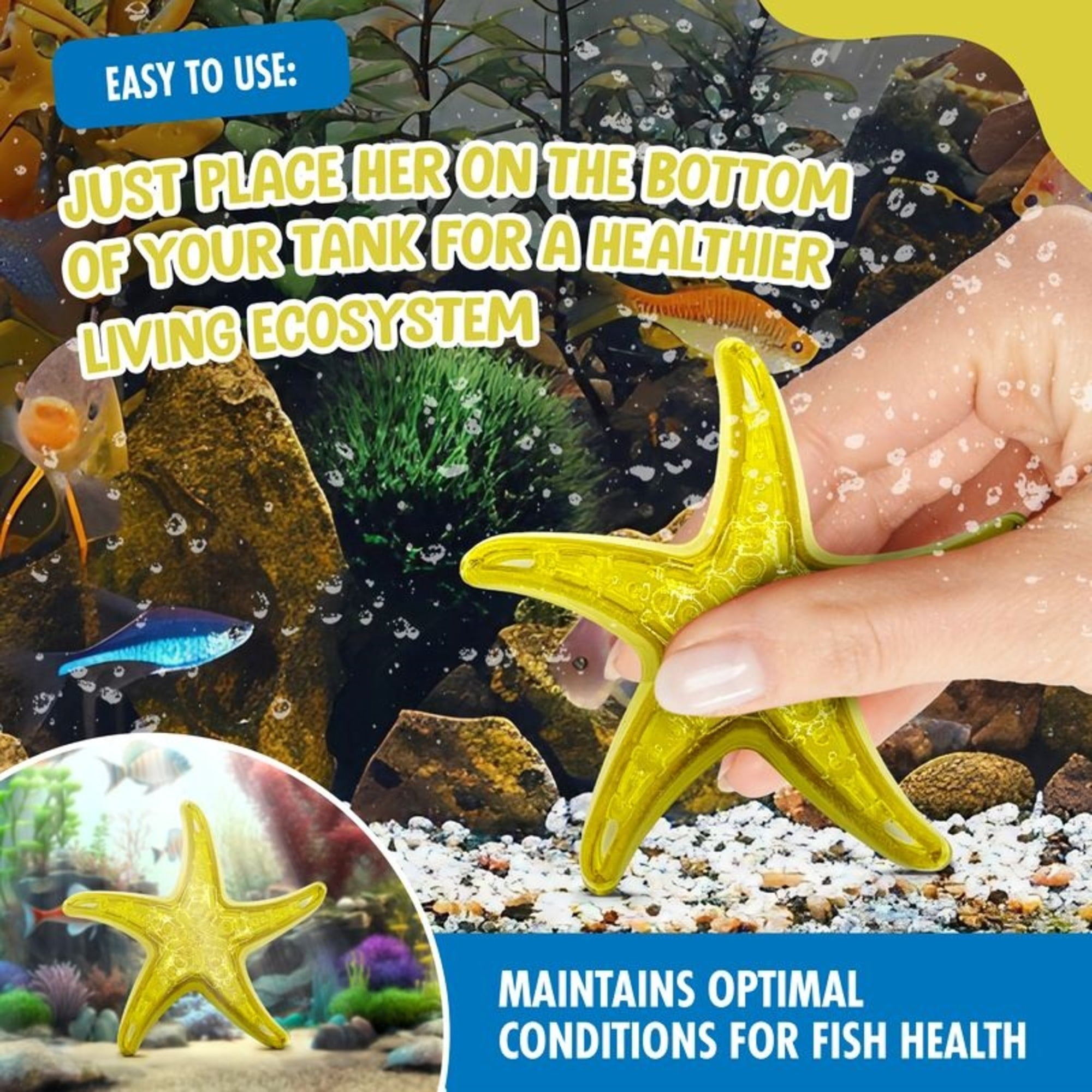 Tank Pals: Sandy The Bio-Support Starfish - 3 Pack, Yellow- Promotes A Healthy Balanced Aquarium Ecosystem, Probiotic Growth, Tank Environment Control