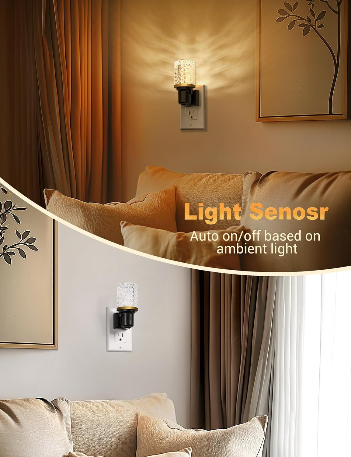 YANSUN Black and Brass Diamond Crystal Column Night Light, Set of 2 Lamps Display, Warm White 3000K Plug-In, Decorative Lighting for Bedroom, Living Room, Kitchen