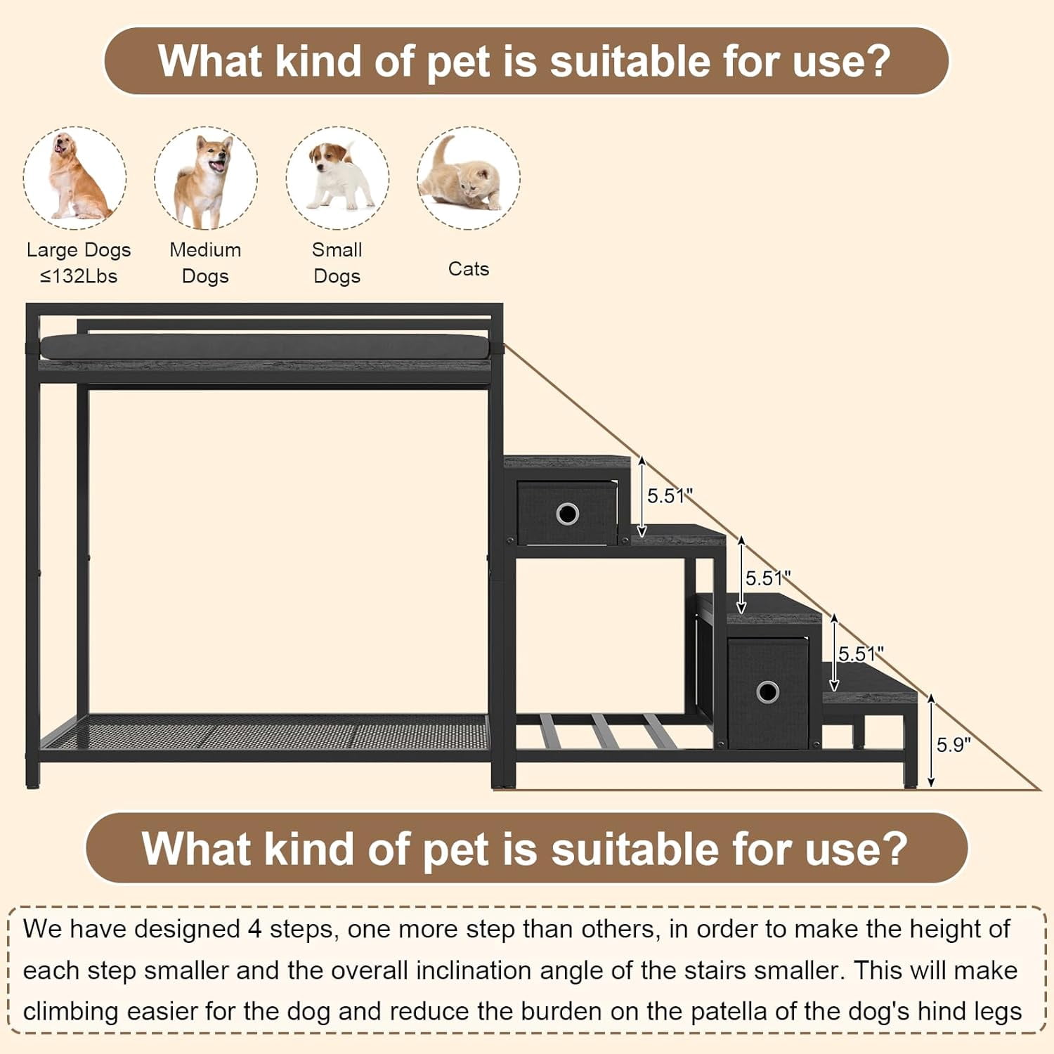 Dog Window Perch with Steps, Dog Bunk Bed Cat Windows Perch with Couch and 2 Fabric Drawer, Pet Bed and Pet Srairs Sets, Indoor Pet Furniture, Black
