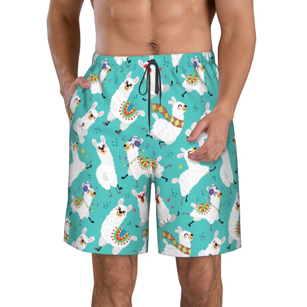 Balery Cartoon Llamas Traje de Baño Estilo Hawaiano para Hombre, Shorts de Secado Rápido con Bolsillos-Medium