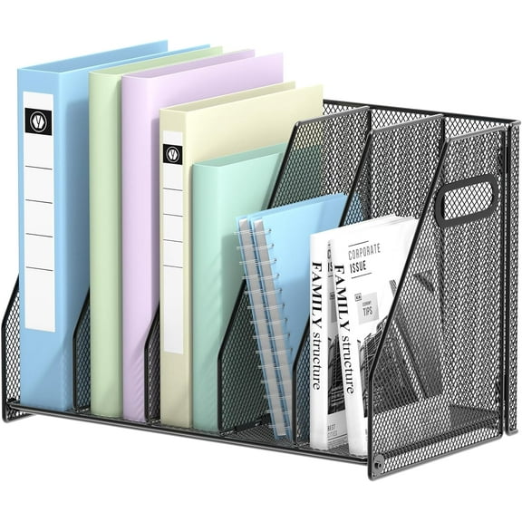 Desk File Organizer, 5 Vertical Compartments Metal Magazine and Binder Holder, Office Home School Desktop Organizer, Black