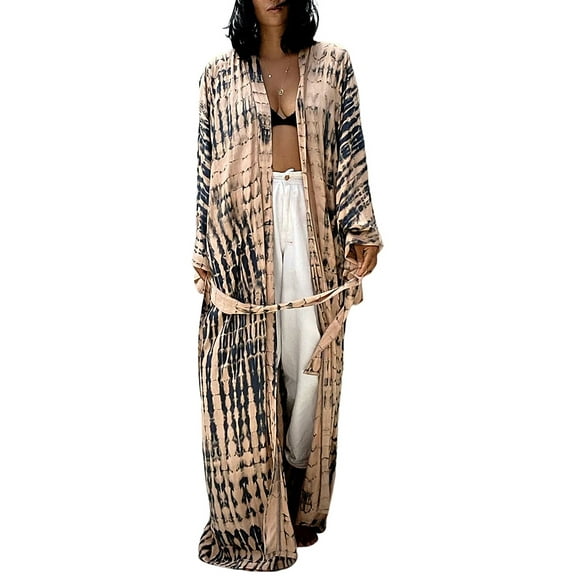 Women's Beach Cover Ups Open Front Tie Dye Maxi Cardigan Kimono Caftan Dress Swimsuit with Belts