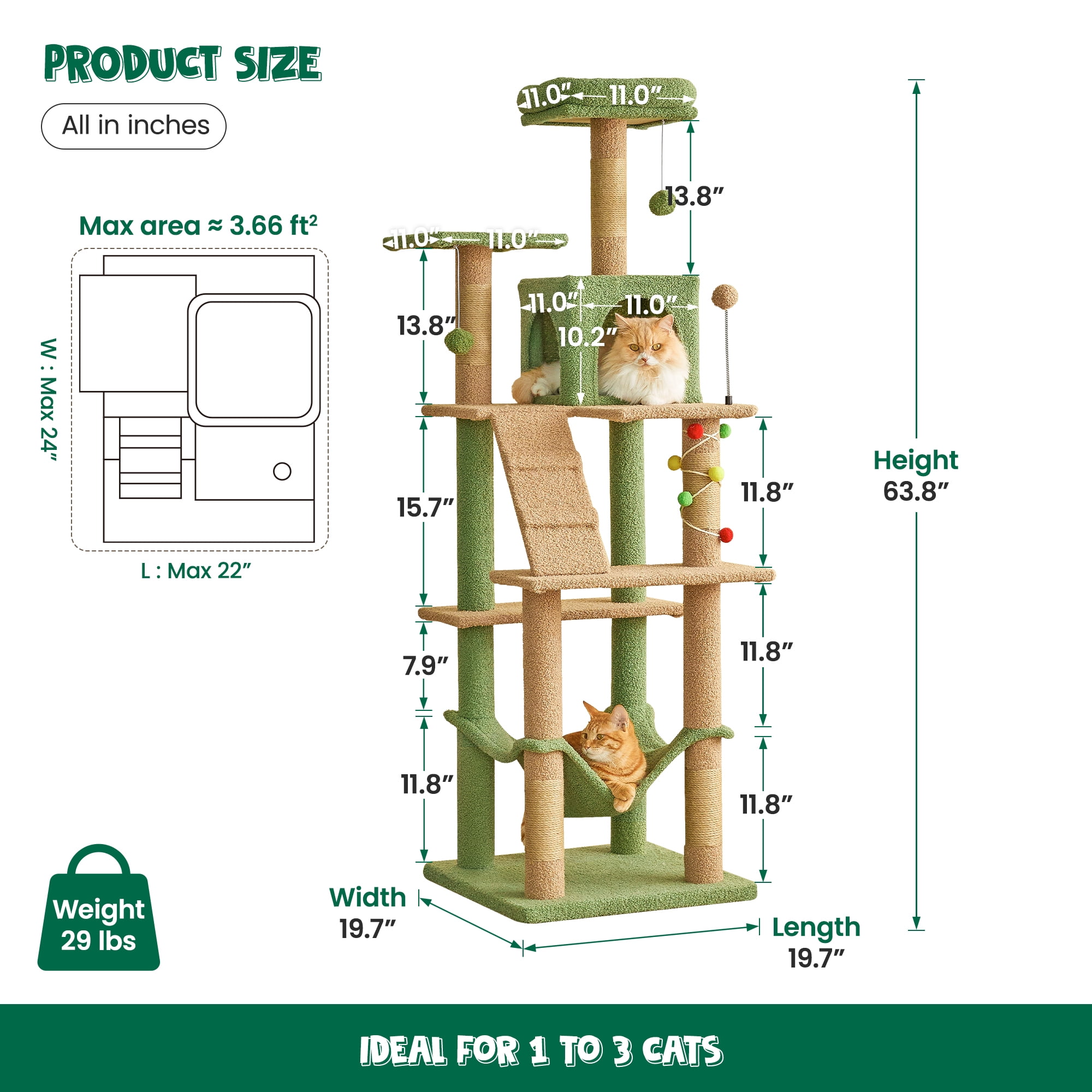 MWPO 63.8" Multi-Level Cat Tree with Condo and Scratching Post Tower, Green