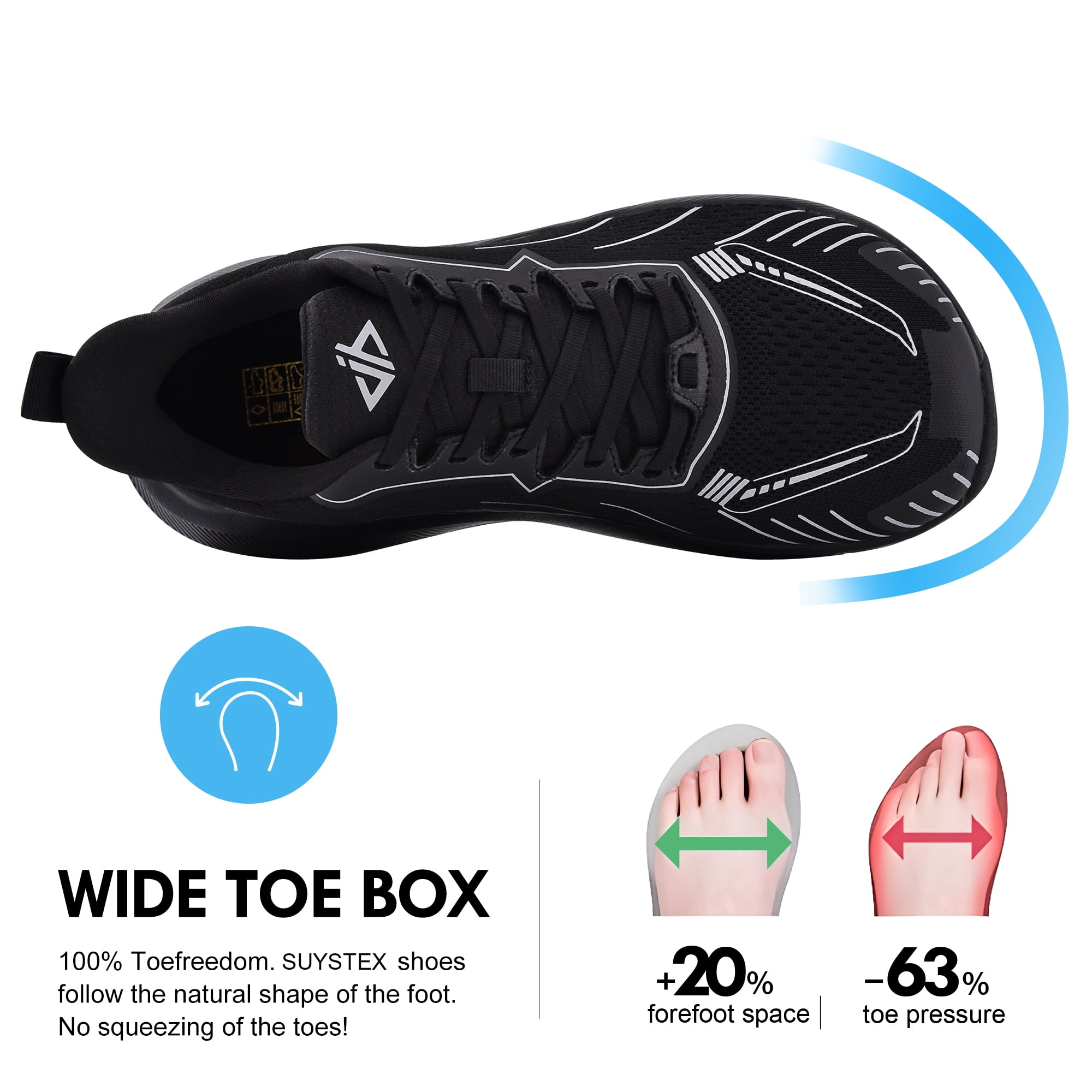 SUYSTEX Slip in Men Hands Free Wide Toe Box Shoes Slip on Arch Support Wide Sneakers for Running Walking Tennis Athletic Plantar Fasciitis Orthopedic Shoe Zero Drop Cushion Thick Sole Width Shoes