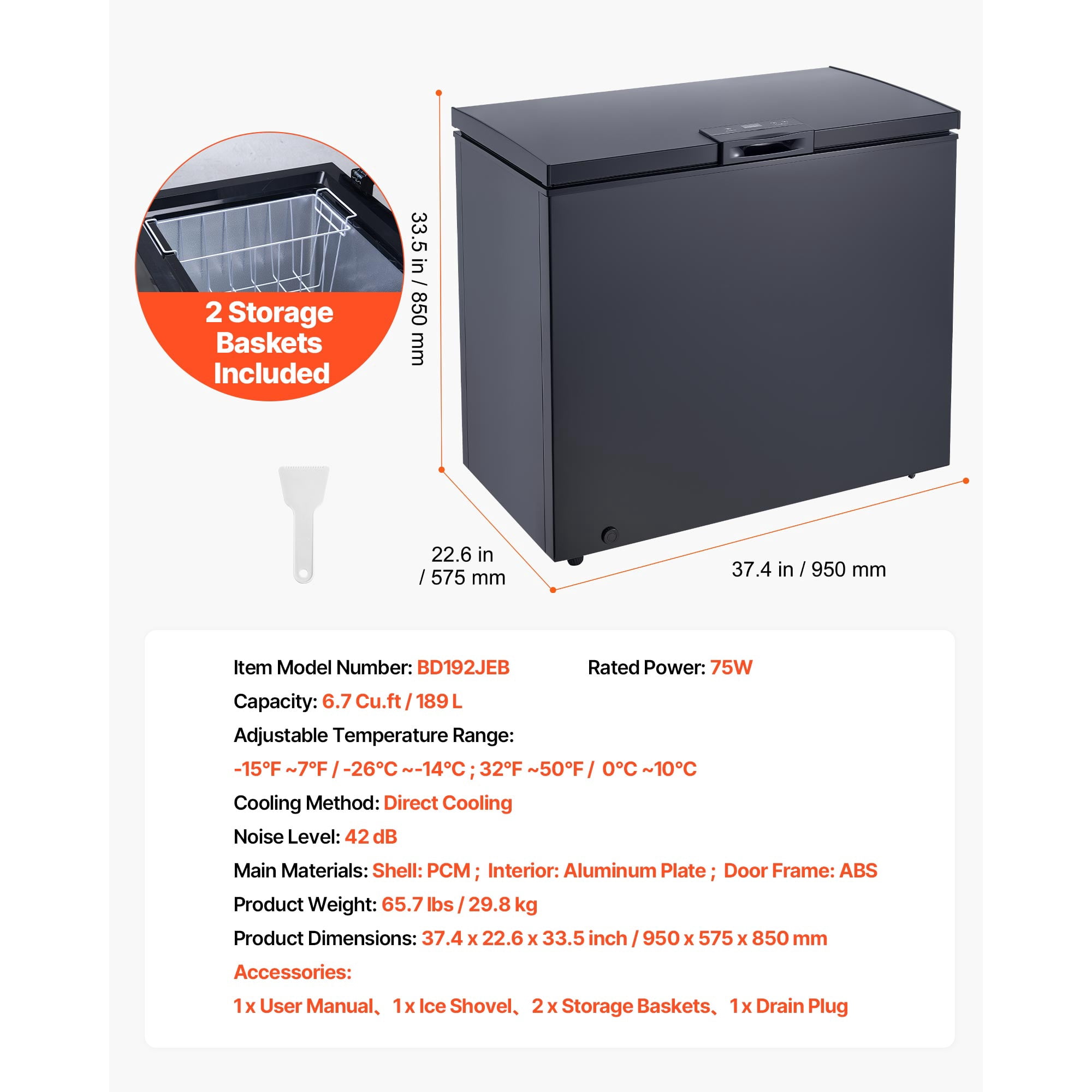 KFFKFF 6.7 Cu.ft Chest Freezer, Compact Deep Freezer with Top-Opening Door, Includes 2 Removable Baskets, Adjustable Temperature Control, Energy Efficient, Quiet Operation, Suitable for Garage Use