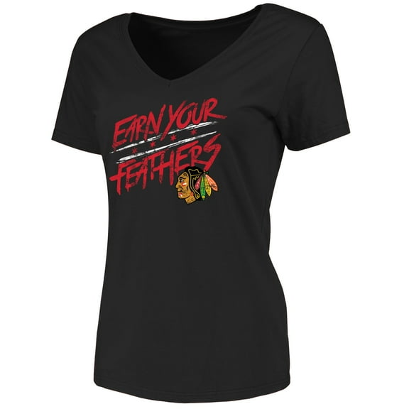 Women's Black Chicago Blackhawks Hometown Collection Earn Your Feathers T-Shirt