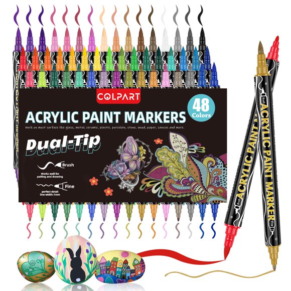 Acrylic Paint Markers,Acrylic Paint Pens,48 Colors Dual Tip Paint Pens with Brush Tip and Fine Tip