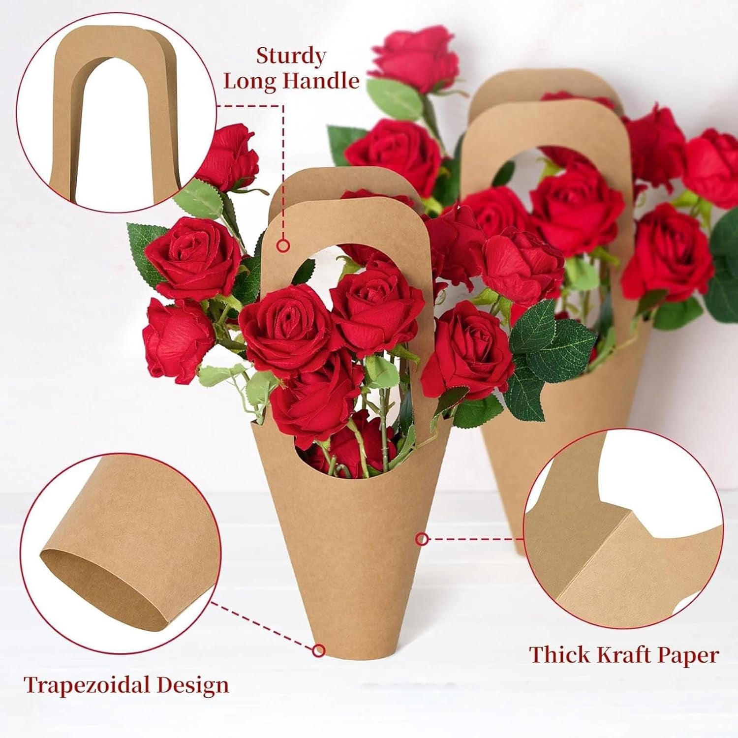Kraft Paper Cone Bouquet Wrap Bags with Handles – Floral Wrapping Accessories for Weddings & Graduations(RL S 20 PCS)