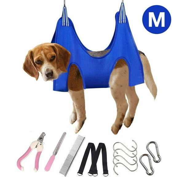 Oneisall Dog Grooming Hammock Harness for Pet Nail Trimming, Breathable Pet Grooming Sling Restraint Bag, Dog Grooming Hammock Helper - Blue M