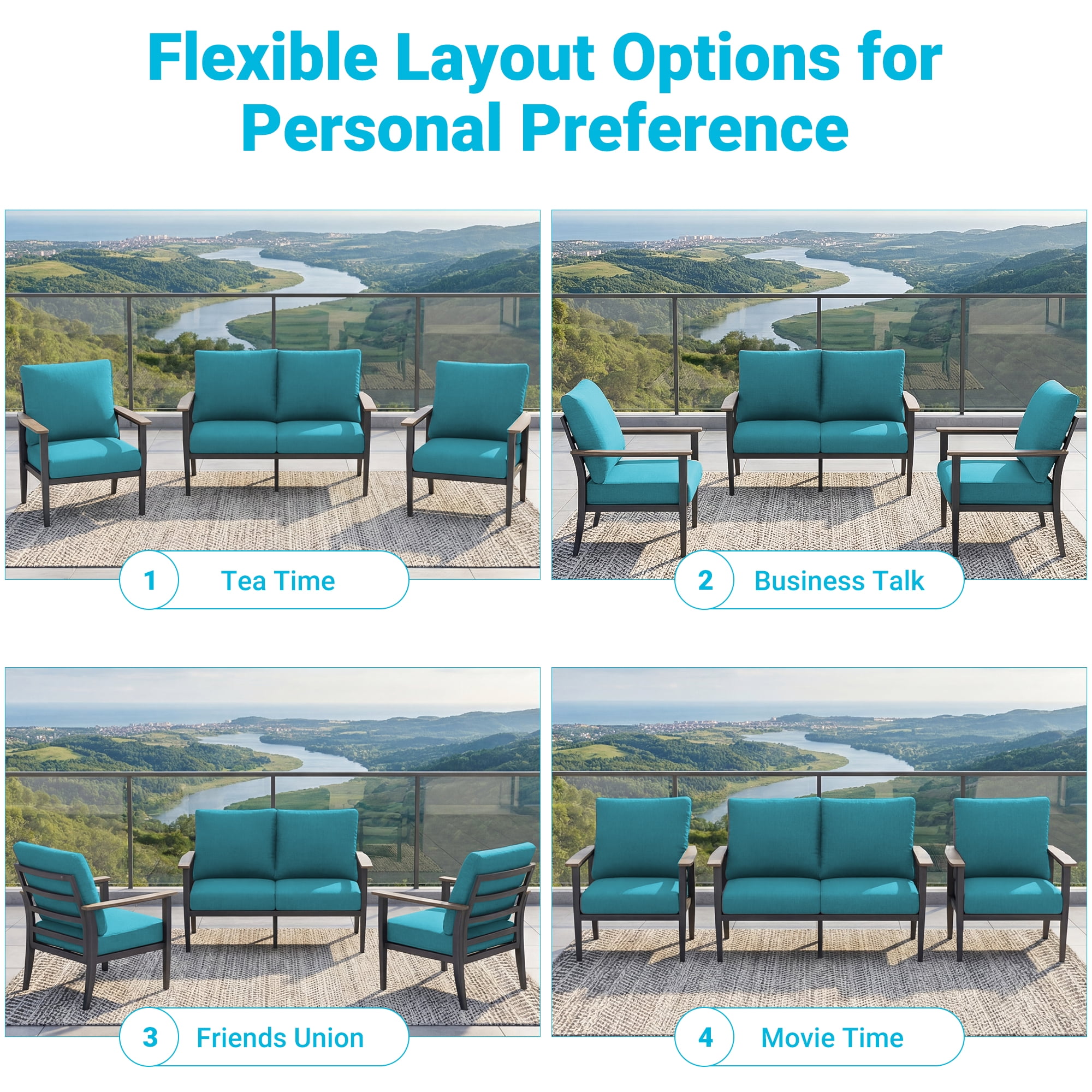 Muphyers 3 Pieces Aluminum Patio Furniture Set for 7, All Weather Outdoor Conversation Set with Thick Washable Cushions, Oversized Seat for Backyard, Porch, Deck,Turquoise