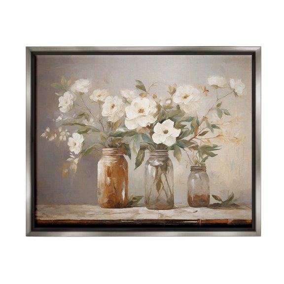 Stupell Industries Vintage Farmhouse Blooms Botanical & Floral Painting Gray Floater Framed Canvas Art Print Wall Art, 31 x 25