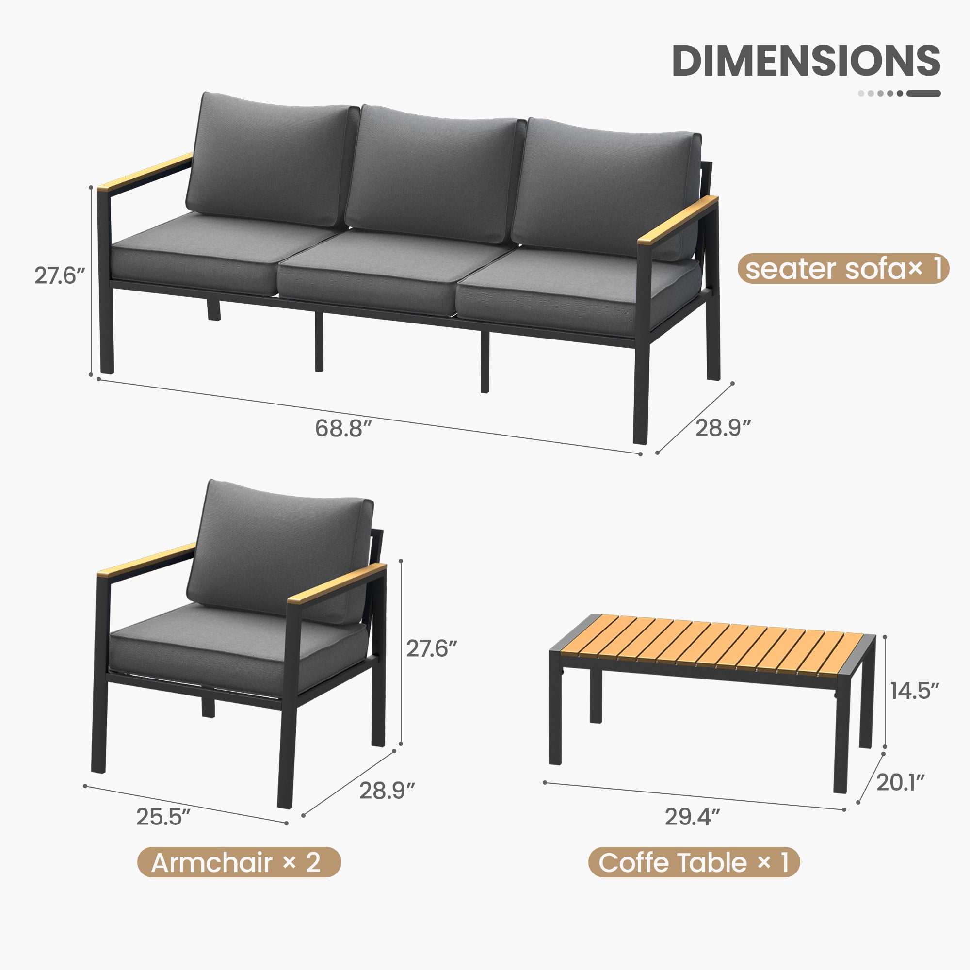 ELPOSUN Aluminum Patio Furniture Set, 6 Pieces Modern Patio Conversation Sets, Outdoor Sectional Metal Sofa with Coffee Table for Balcony, Garden, Dark Grey (Included Waterproof Covers)