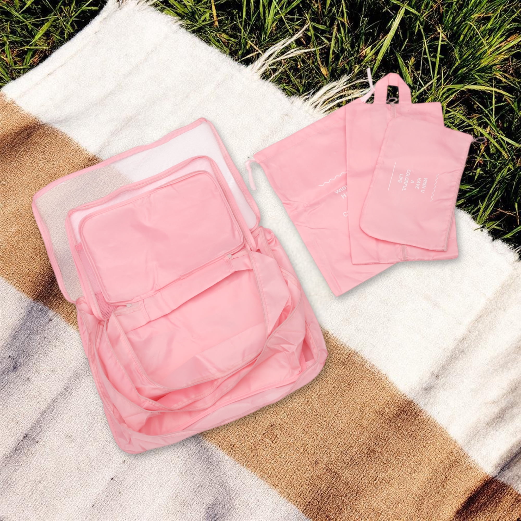 Unique Bargains Portable Packing Cube Set with 7 Different Sized Bags Pink