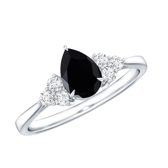Rosec Jewels 0.75 CT Teardrop Black Onyx Engagement with Diamond Trio for Women, 925 Sterling Silver, US 4.00