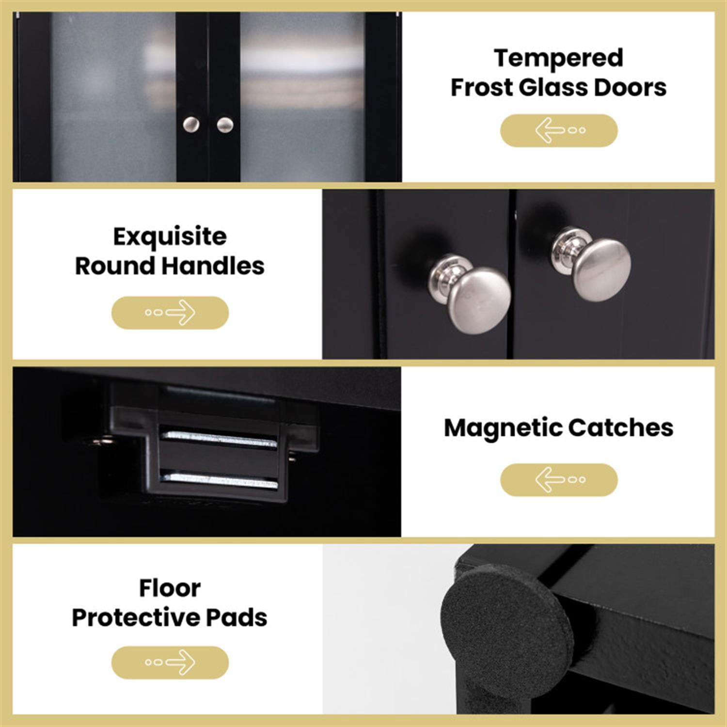 Demi Bonn 64.5" Tall Freestanding Bathroom Storage Cabinet with Frost Glass Doors and Shelves, Pantry Cabinets, Black