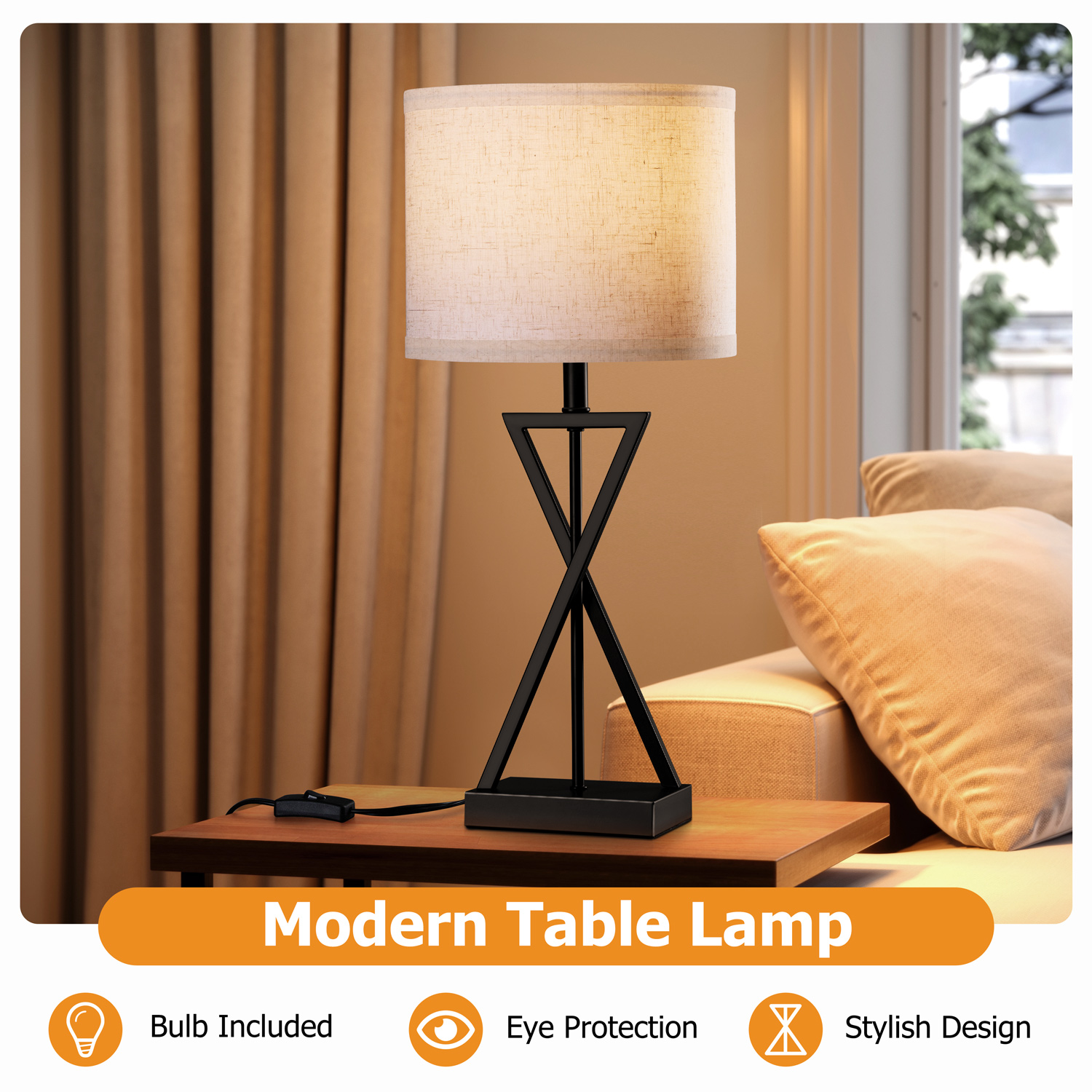 Walchoice Modern Table Lamp, Minimalist Bedside Desk Lamp with Linen Shade, Rustic Vintage Nightstand Lamp for Bedroom Living Room Doorway