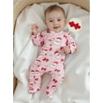 thumbnail image 3 of Qmyliery Newborn Baby Girl Christmas Romper Santa Print Long Sleeve Zip Up Footed Jumpsuit with Bow Headband, 3 of 7