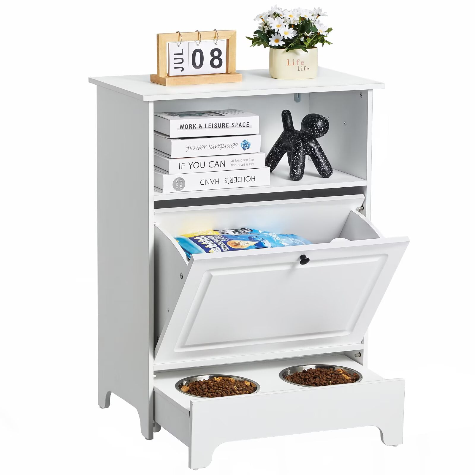 Pet Feeding Station with 2 Elevated Stainless Steel Bowls Dog Food & Toy Storage Cabinet