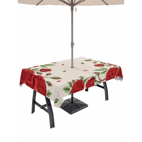 Outdoor Tablecloth with Umbrella Hole and Zipper, Red Roses Valentine's Day Rectangle Table Cloth 52x70 Inch Waterproof Tablecloth, Romantic Spring Floral Rustic Picnic Table Cover for Patio Camping