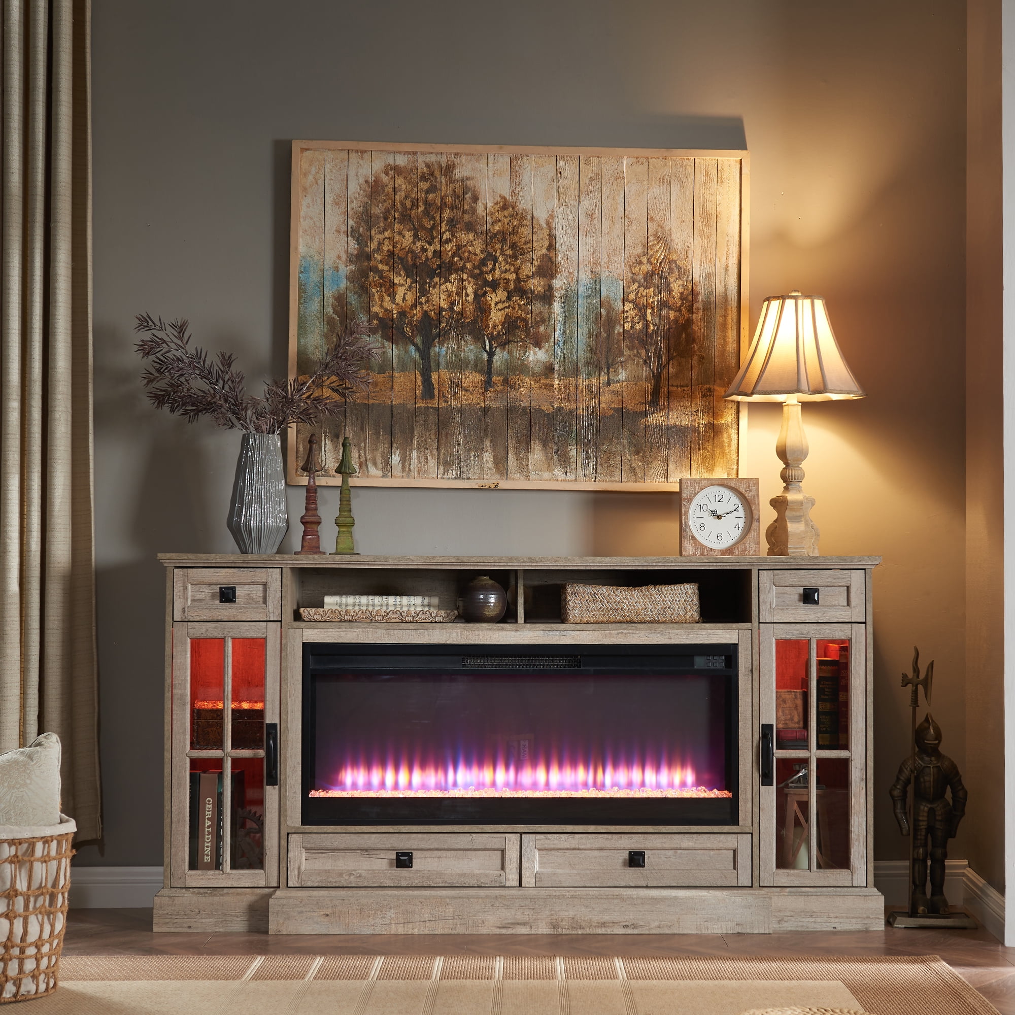 OKD Fireplace TV Stand for TVs up to 80",Farmhouse Entertainment Center with 42" Fireplace & LED Lights, Light Rustic Oak