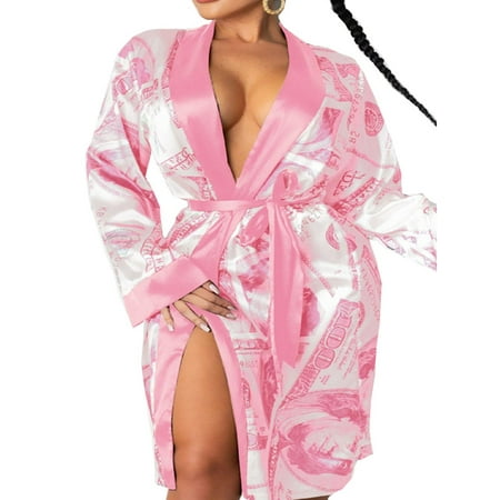Youweixiong Women Long Sleeve Satin Robe Ladies Print Kimono Bathrobe Sleepwear with Belt Nightwear