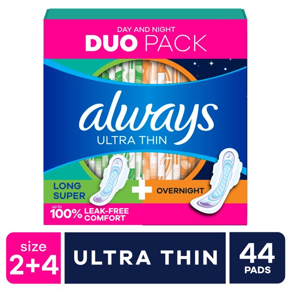 Always Ultra Thin Pads Duo Pack, Size 2 Long Super and 4 Overnight, 44 CT