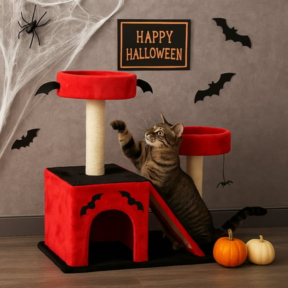 Ktaxon Halloween Cat Cave with Bat Ears, 60x40x66CM Pet Hideaway, Black Red