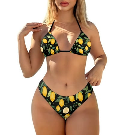 COEQINE Triangle Bikini Sets for Women Elastic String Spandex High Leg Beach Bathing Suit Lemon Leaf Black Adjustable Cheeky 2 Piece Beachwear for Beach Pool Party  L