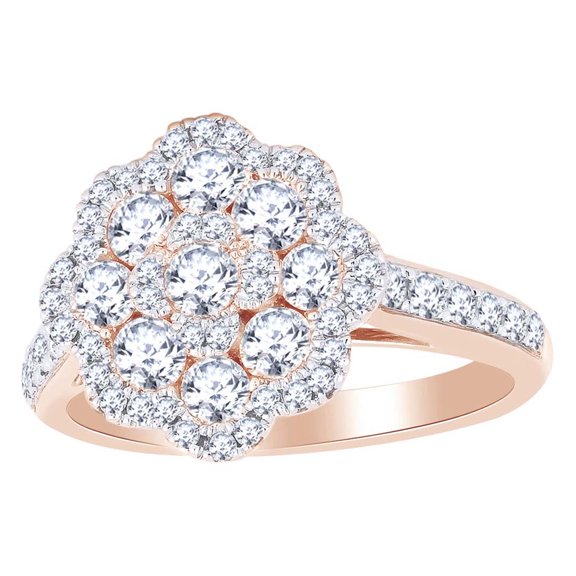 AFFY Round Shape White Natural Diamond Cluster Flower Engagement Ring In 14k Solid Rose Gold (1.27 cttw) Ring Size-4