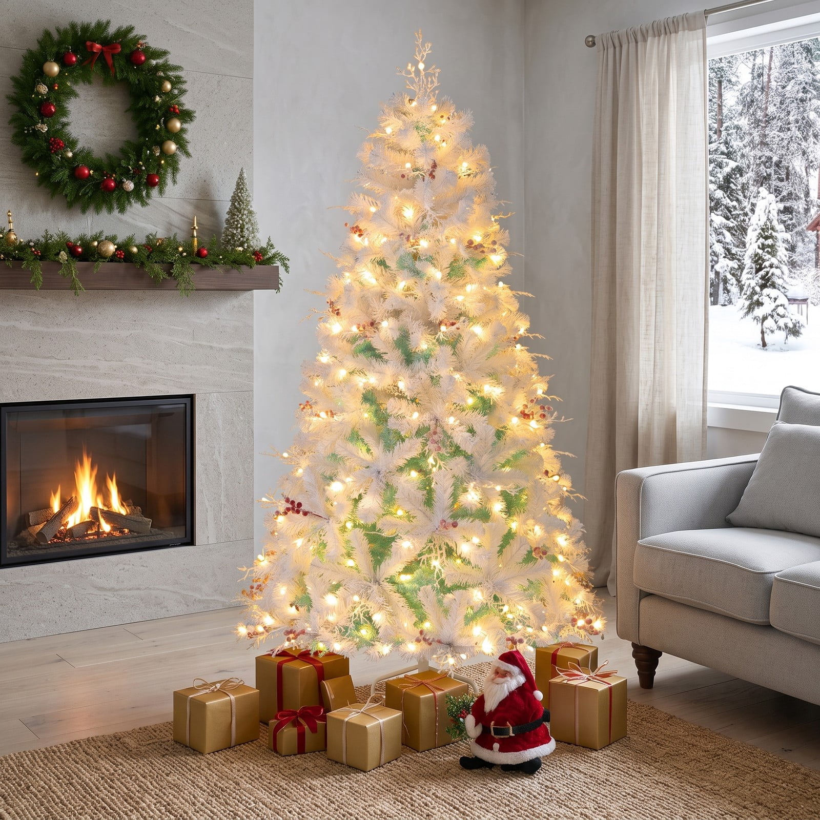 RUIE 6 FT Pre-Lit Artificial Christmas Tree with 250 Warm White LED Lights, Snow Flocked Branch Tips, Frosted Red Berries and Foldable Metal Base, White & Lake Blue